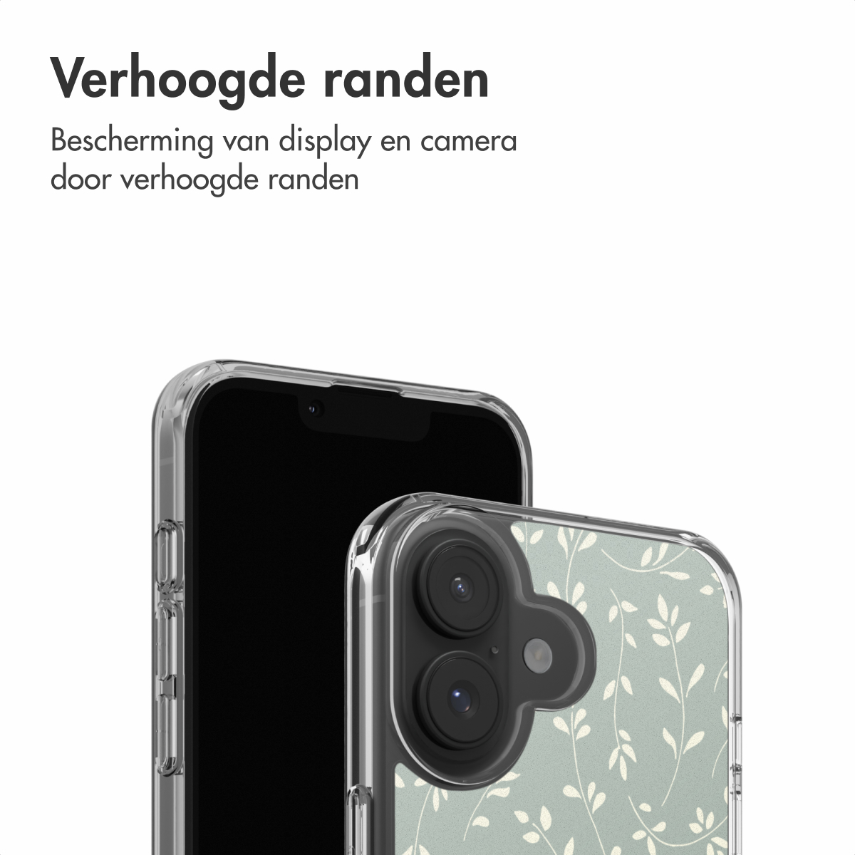 Deux smartphones avec des étuis de protection. L'un est noir et l'autre a un motif floral vert.