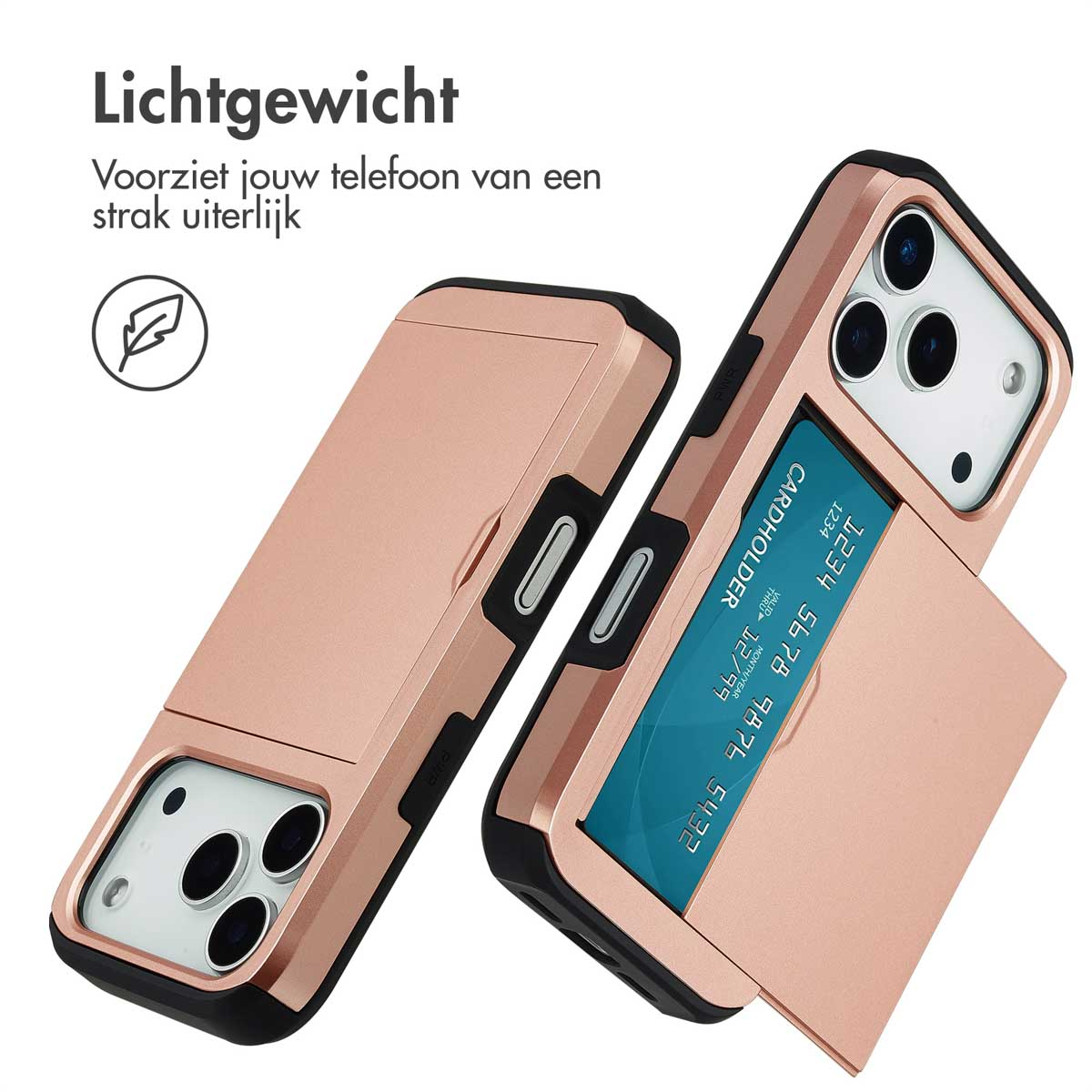 Twee telefoonhoesjes. Eén open, onthult een creditcard. Beide hebben een roségouden afwerking en een zwarte rand.