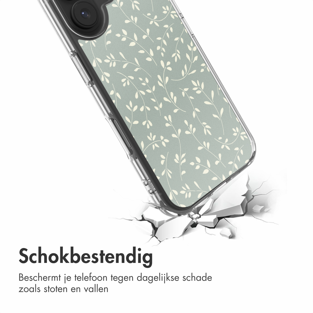 Une coque de téléphone avec un motif de feuilles brise une surface. La coque est vert clair avec des feuilles blanches. Le texte 'Résistant aux chocs' est en dessous.