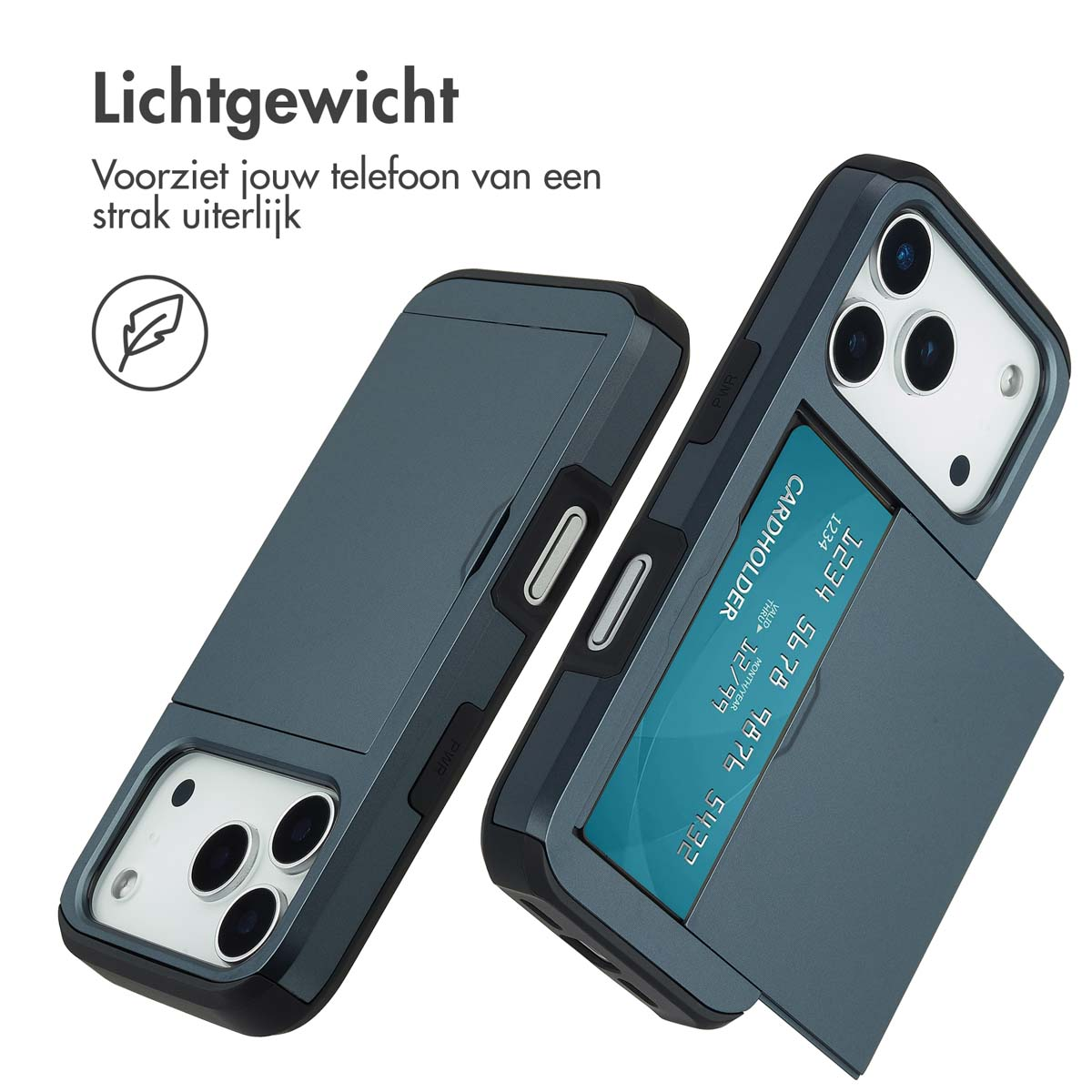 Twee telefoonhoesjes met kaarthouder, één open met een kaart. Tekst in het Nederlands: lichtgewicht, geeft je telefoon een strakke look.