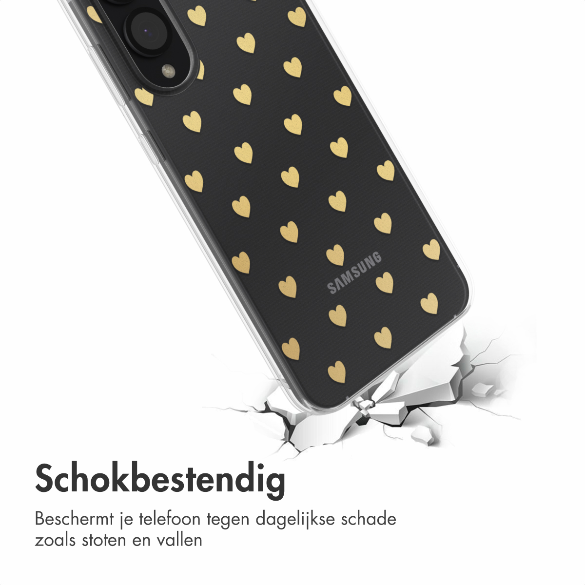 Une coque de téléphone noire avec des cœurs dorés est sur une surface fissurée. C'est un Samsung. Le texte 'Schokbestendig' est visible.