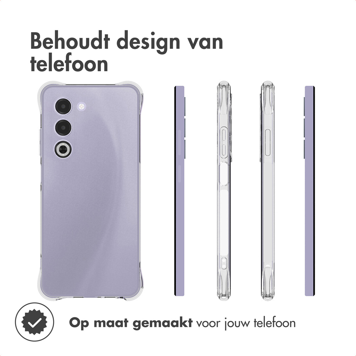 Afbeelding toont een telefoon en drie transparante hoesjes. De telefoon is lavendelkleurig met drie cameralenzen. Tekst: 'Behoudt design van telefoon'.