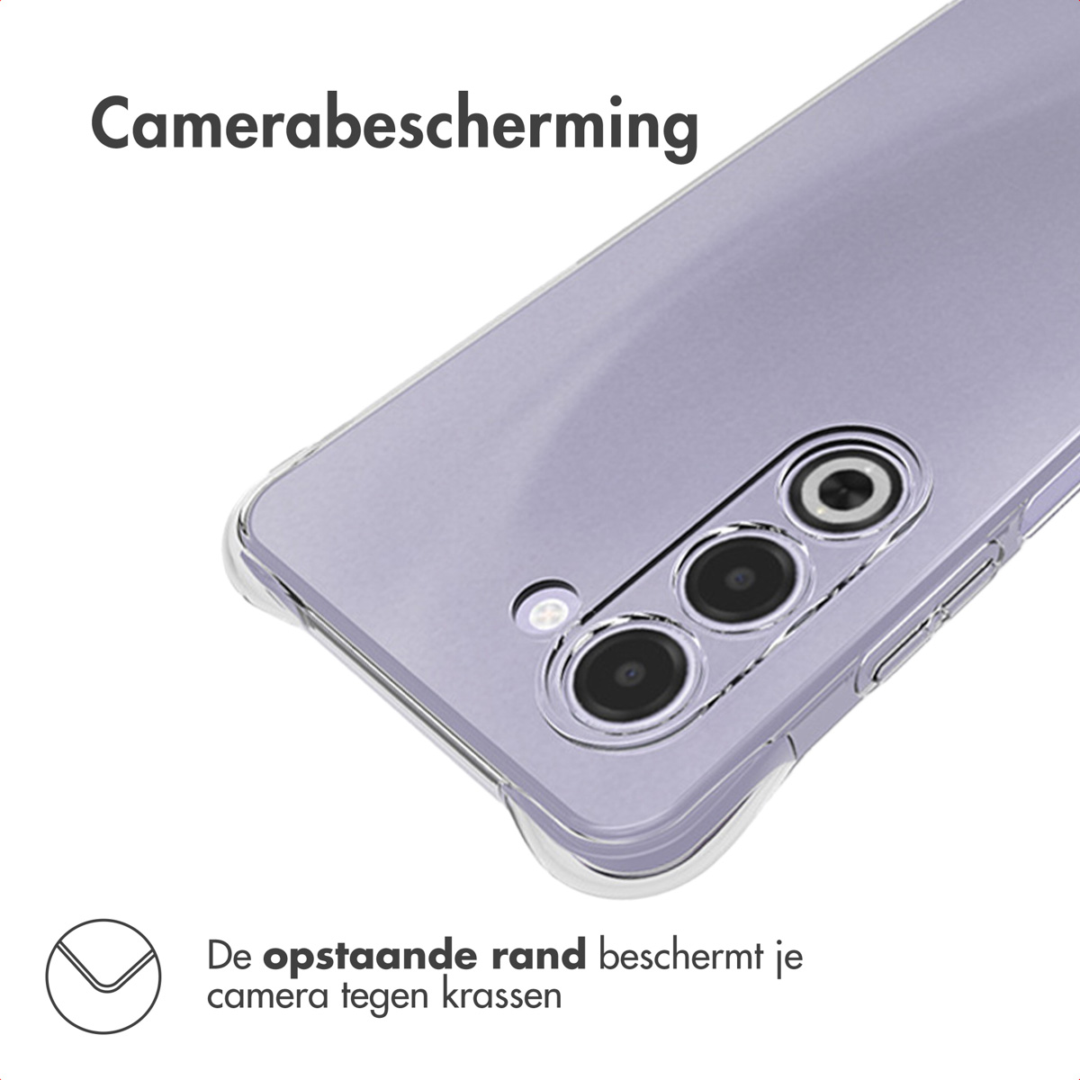 Transparante telefoonhoes met paarse telefoon. De hoes heeft een opstaande rand om de camera te beschermen. Tekst: 'Camerabescherming'.