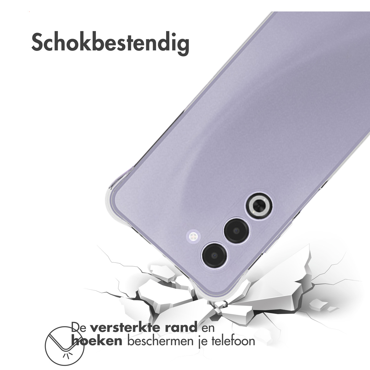 Een telefoonhoesje wordt getoond, vallend op witte blokken, met de tekst 'schokbestendig'. De hoes beschermt de randen en hoeken.