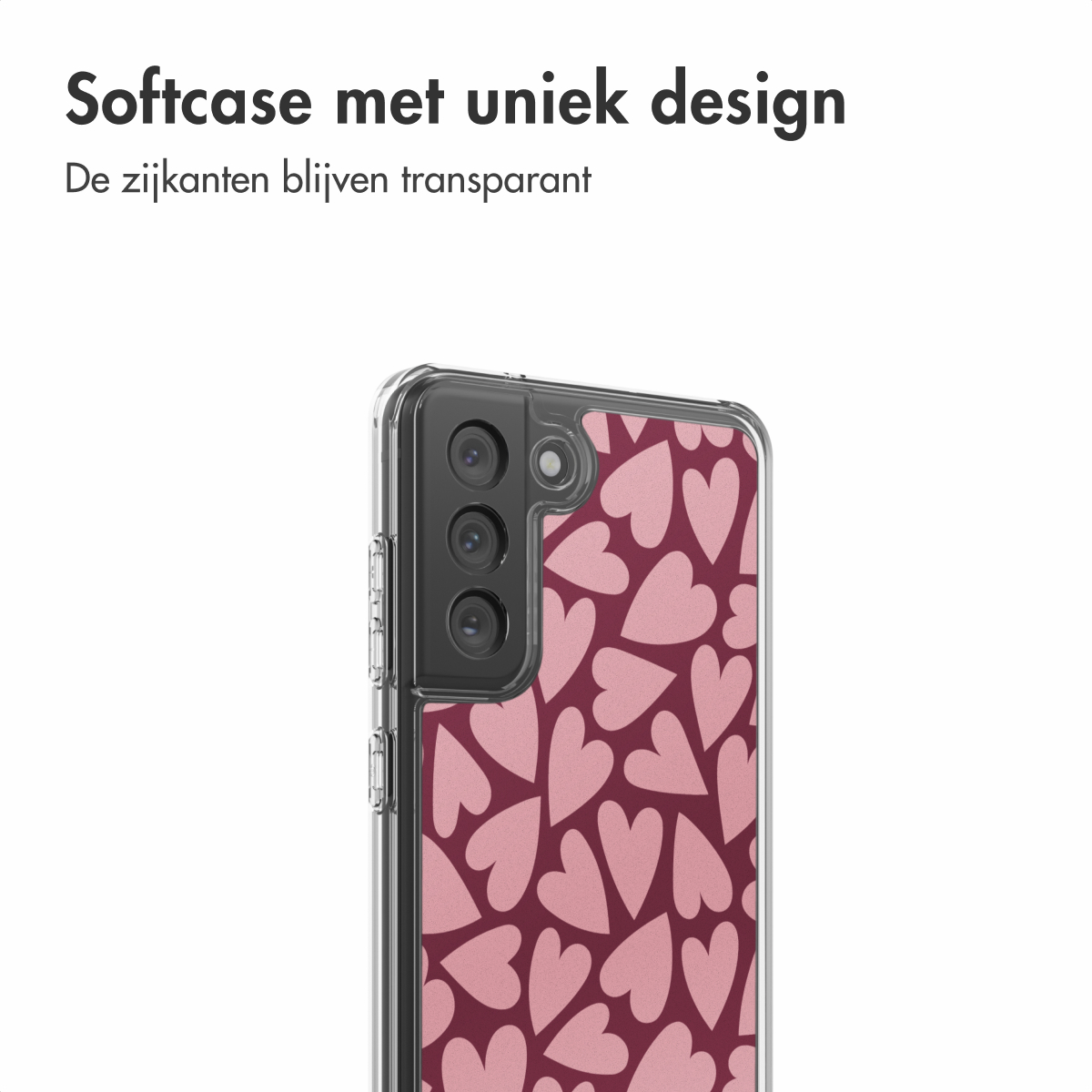 Custodia per telefono con motivo a cuori rosa su sfondo bordeaux. La custodia ha un lato trasparente e il telefono ha tre fotocamere.