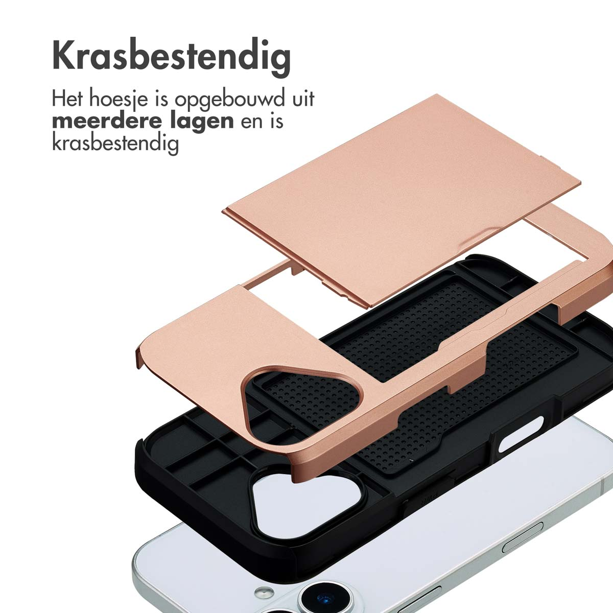 Ontplofte weergave van een telefoonhoesje. Roségouden frame, zwart interieur, witte telefoon en tekst 'Krasbestendig'.