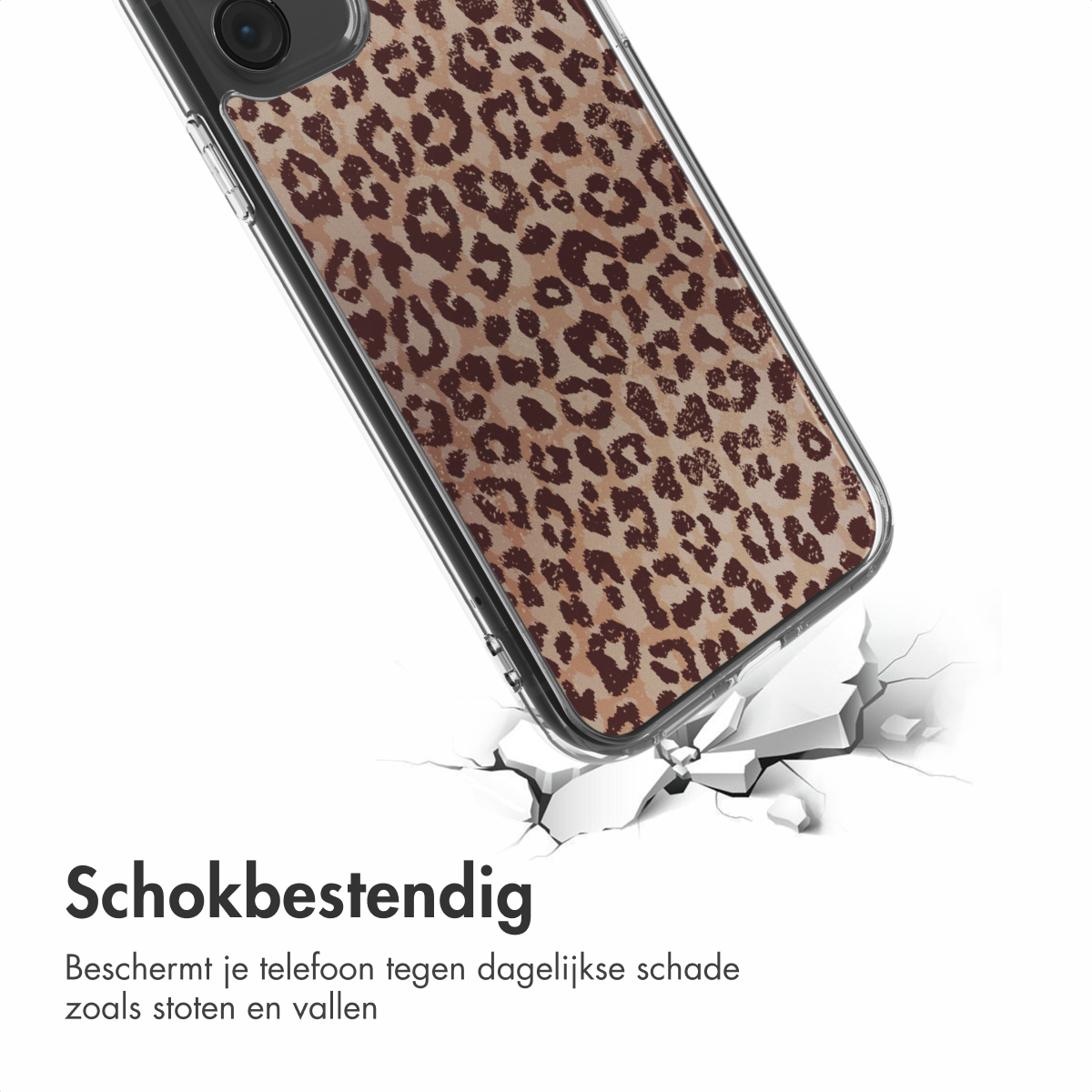 Une coque de téléphone à imprimé léopard repose sur une surface fissurée. La coque est marron et beige. Texte en dessous : 'Schokbestendig'.