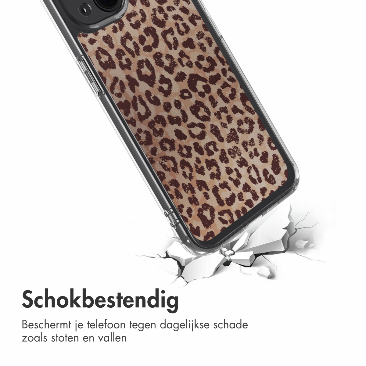 Een telefoon met luipaardprint hoesje breekt een wit oppervlak. De hoes heeft bruine vlekken op een beige achtergrond.