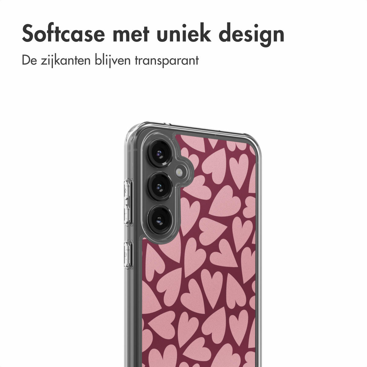 Een telefoonhoesje met een hartjespatroon. De hoes is transparant en de harten zijn roze op een bordeauxrode achtergrond.