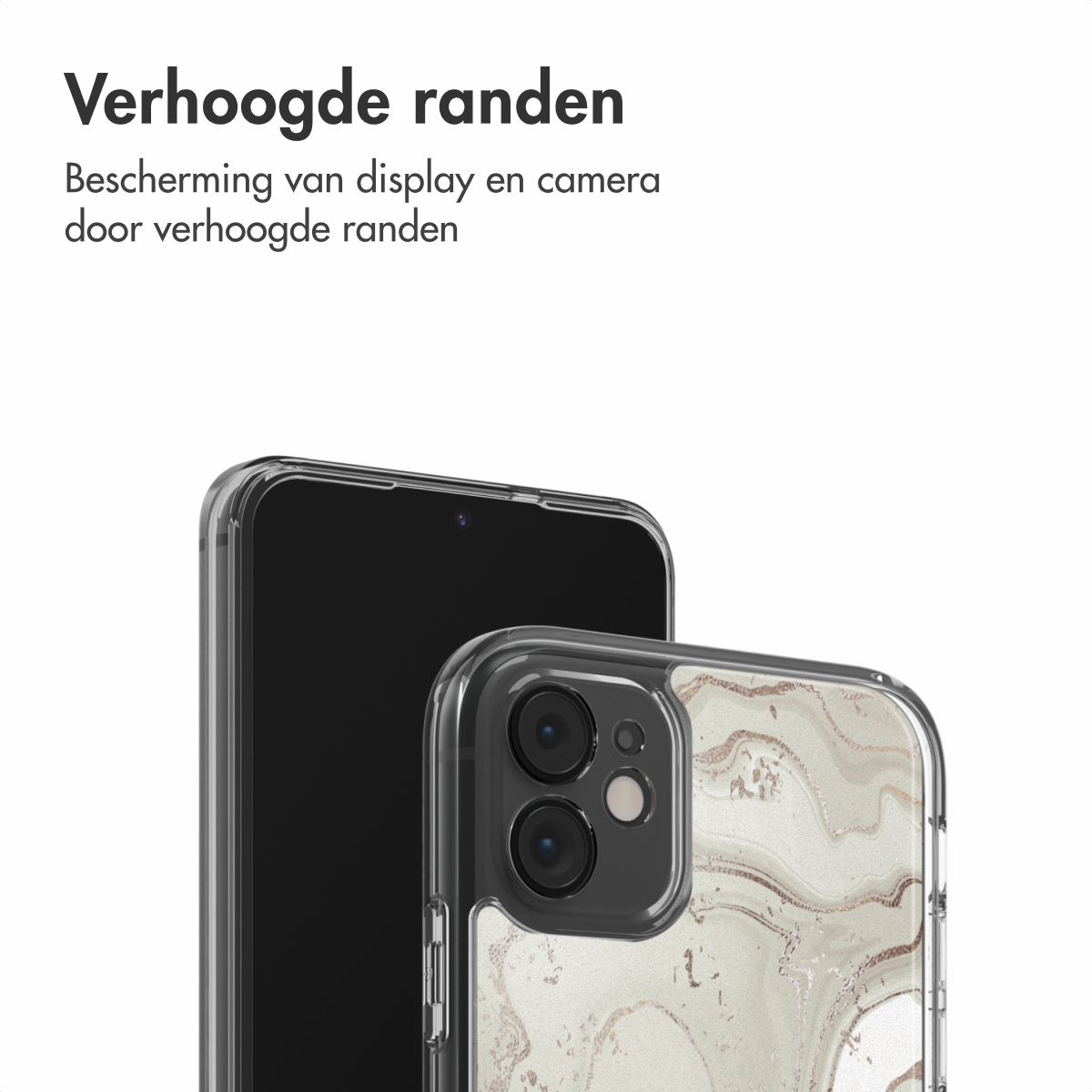 Twee smartphones, één met een doorzichtige hoes met een marmerontwerp. De tekst hierboven luidt: 'Verhoogde randen', om het scherm te beschermen.