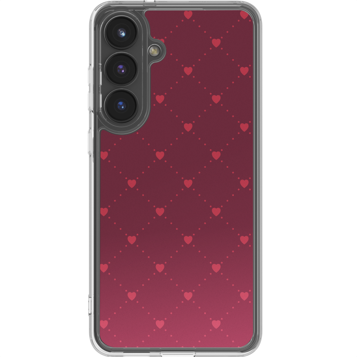 Een telefoonhoesje met een rood hartpatroon op een rode gradiënt achtergrond. De telefoon heeft drie cameralenzen.