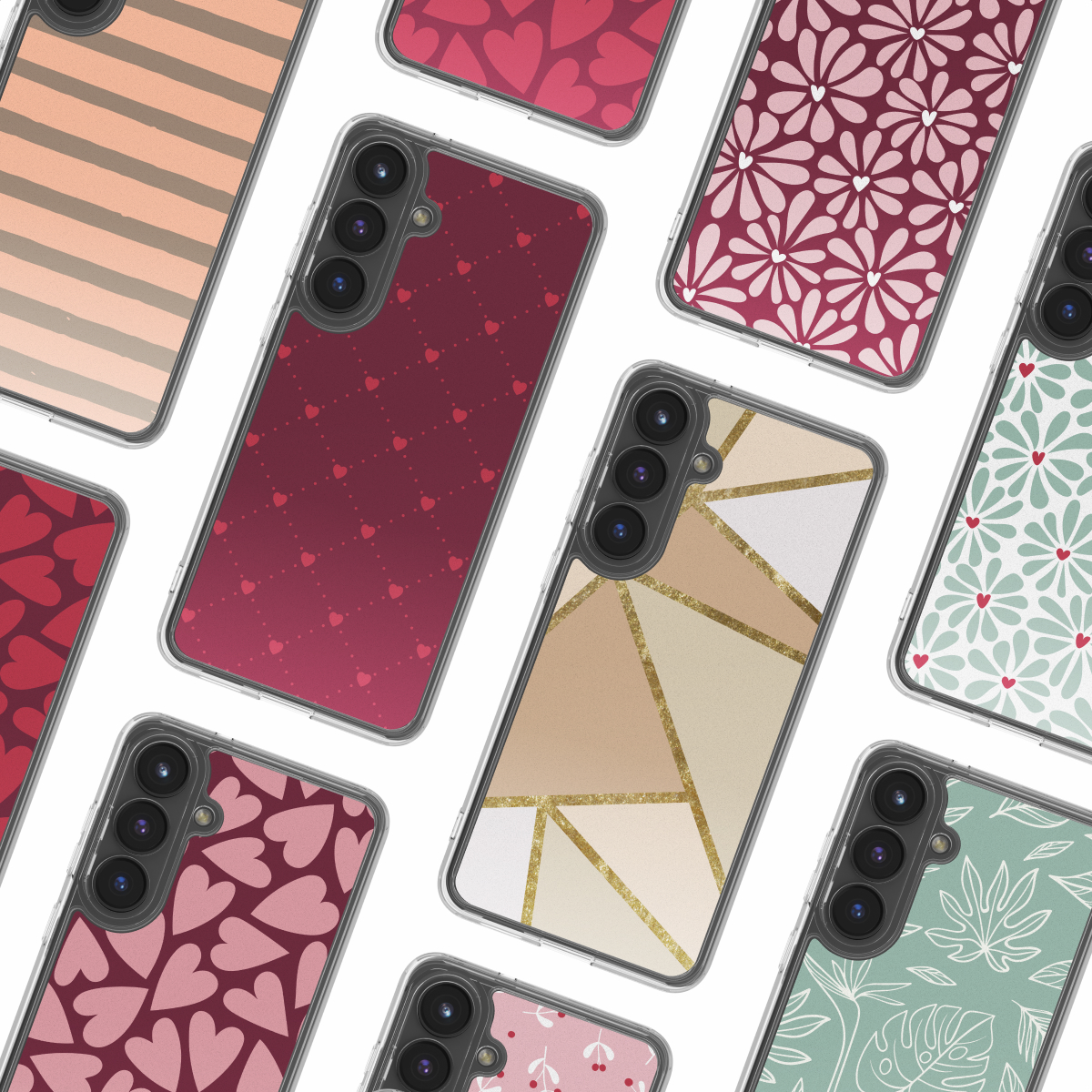 Een verzameling telefoonhoesjes met verschillende patronen, waaronder harten, bloemen en geometrische ontwerpen. Ze hebben doorzichtige beschermhoezen.