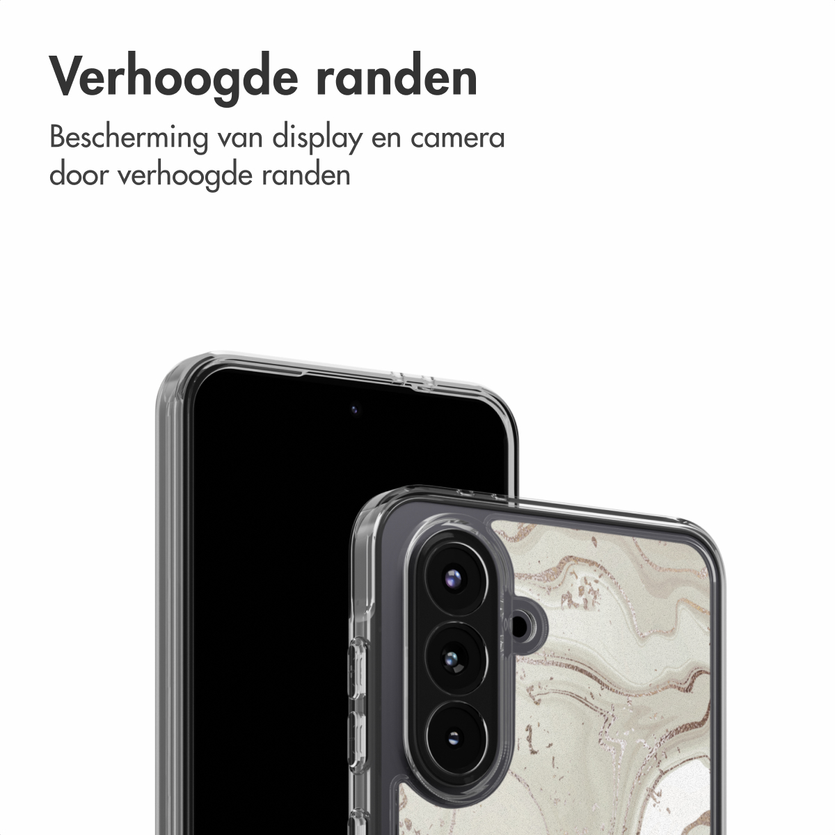 Twee smartphones, één met zwart scherm, de andere in een hoesje met marmerdesign. Tekst bovenaan: 'Verhoogde randen'.