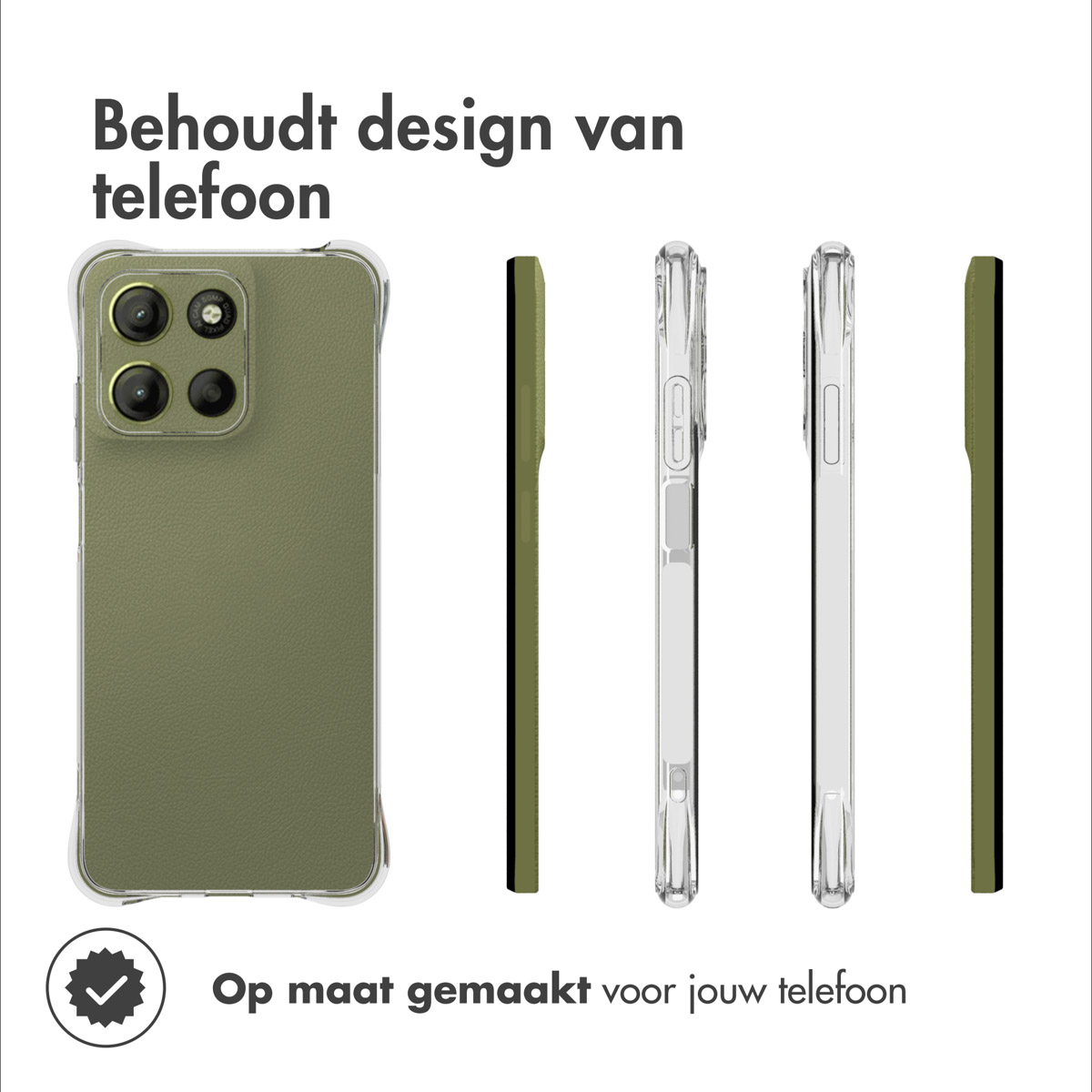 L'image montre un téléphone avec une coque verte. Plusieurs vues de la coque du téléphone sont affichées, y compris des profils latéraux et l'arrière.