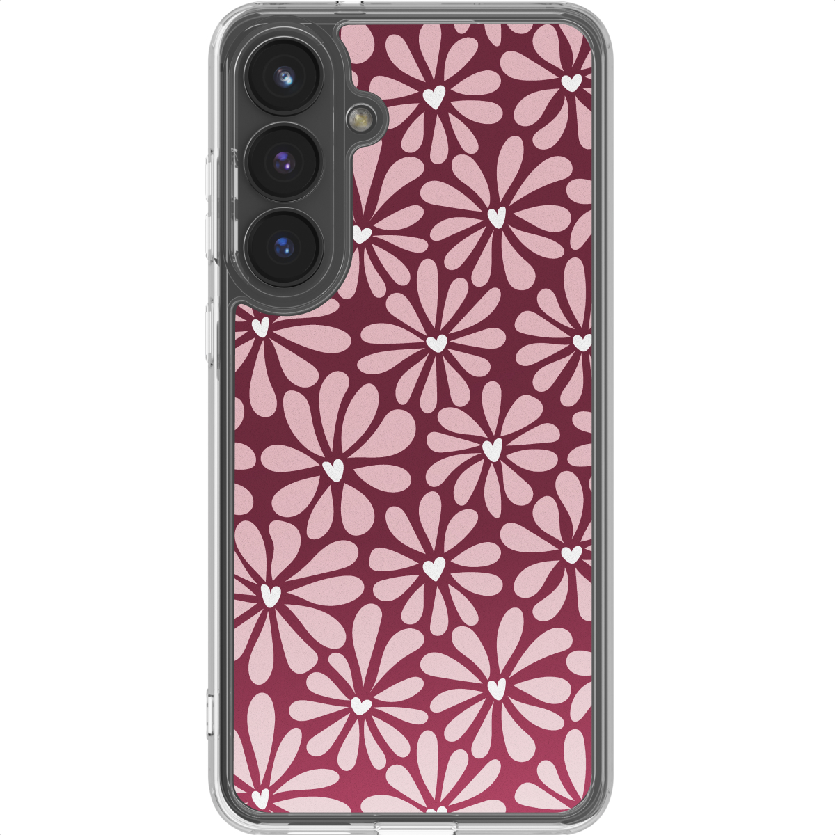 Transparante telefoonhoes met bloemenpatroon. Roze bloemen met witte harten op een bordeauxrode achtergrond.