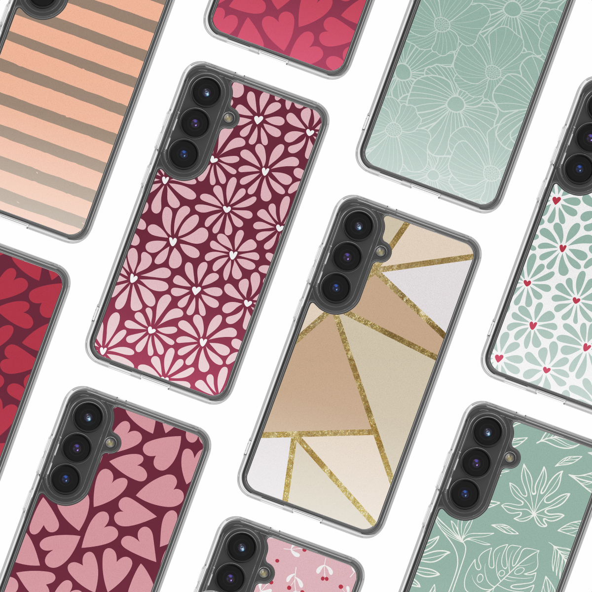 Een verzameling telefoonhoesjes met verschillende ontwerpen zoals bloemen, harten, geometrische patronen en bladerpatronen op een witte achtergrond.