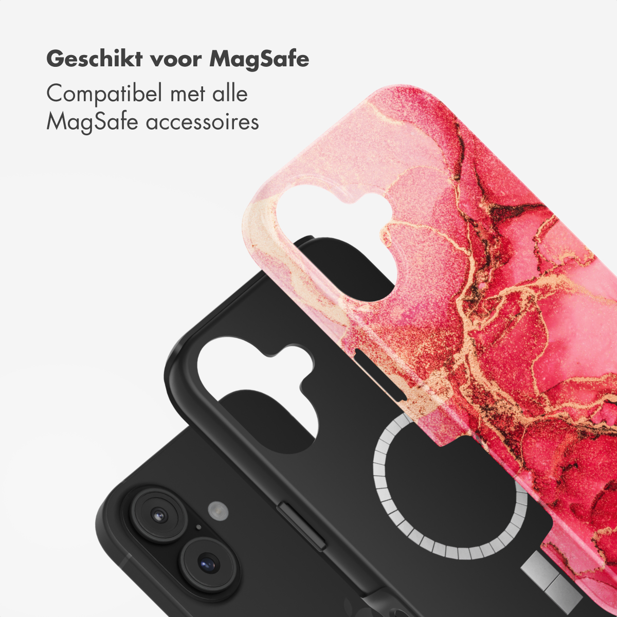 Drie telefoonhoesjes. Een zwart hoesje met een roze en goudkleurig patroon. Boven staat 'Geschikt voor MagSafe'.