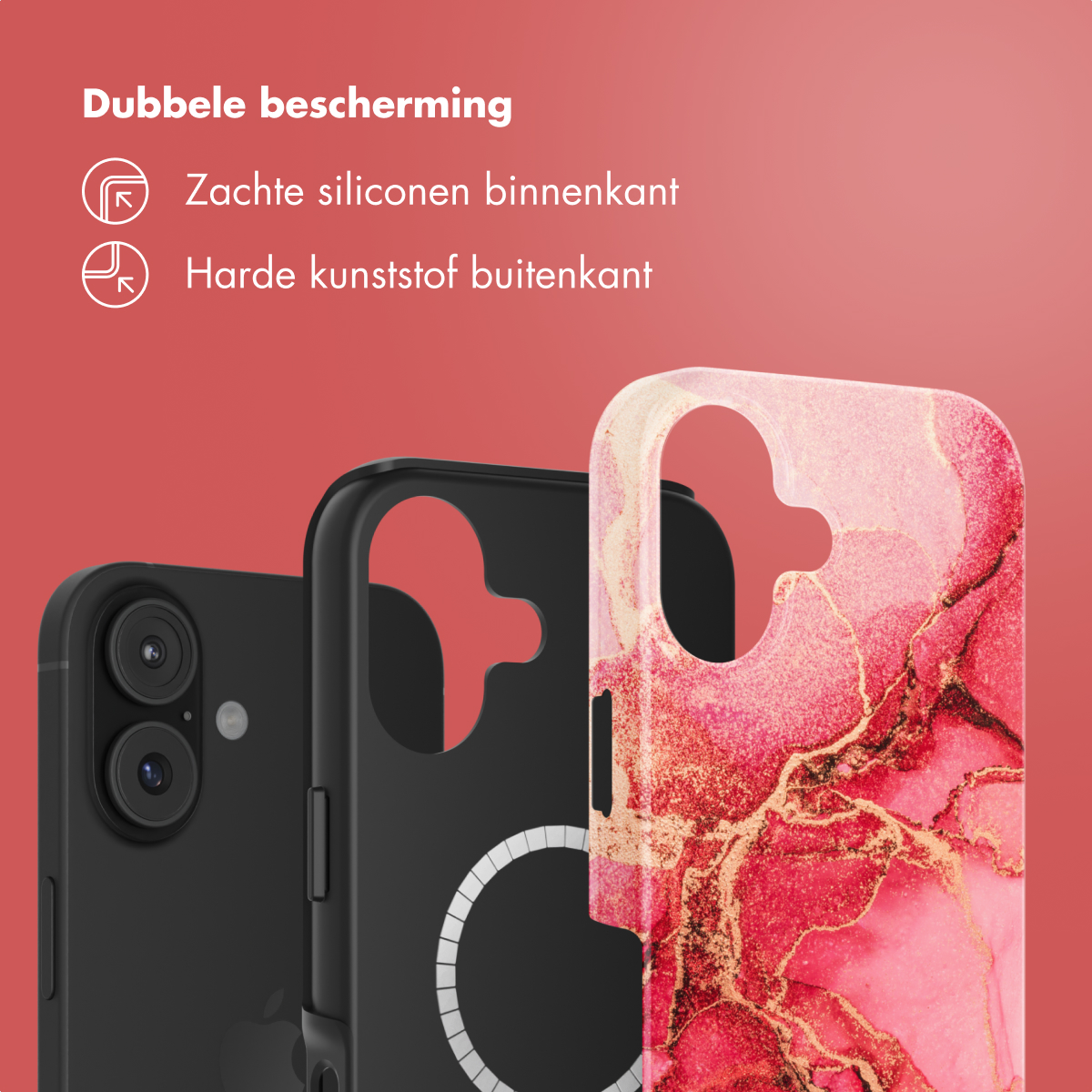Drie telefoonhoesjes. Eén zwart, één met een witte cirkel en één met een rood marmerontwerp. De tekst luidt 'Dubbele bescherming'.