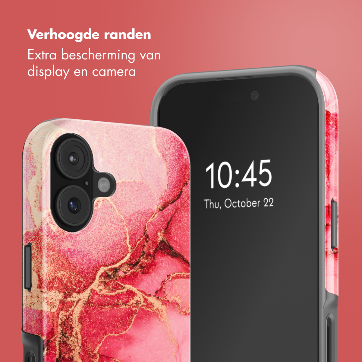 Een telefoon met een roze en goudkleurig marmerpatroonhoesje staat naast een telefoon met een zwart scherm. Tijd is 10:45, 22 okt.