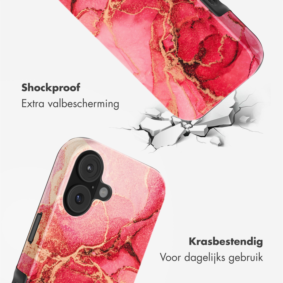 Twee telefoonhoesjes, één die een oppervlak breekt. Eén hoesje is roze en rood met gouden aderen, de andere is vergelijkbaar. Witte achtergrond.