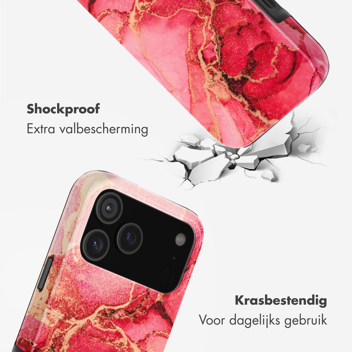 Deux coques de téléphone avec un design en marbre sont présentées. L'une brise une surface. Le texte indique des caractéristiques antichoc et résistantes aux rayures.