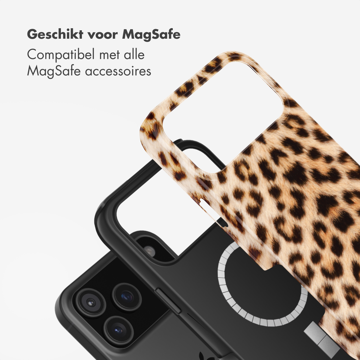 Een telefoonhoesje met luipaardprint wordt getoond, samen met een zwarte telefoon. Tekst zegt 'Geschikt voor MagSafe'.