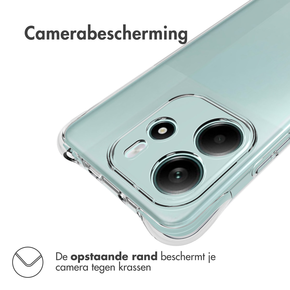 Una custodia trasparente per telefono su un telefono azzurro, con un rialzo per la fotocamera. Testo: 'Protezione fotocamera' e 'Il bordo rialzato protegge'.