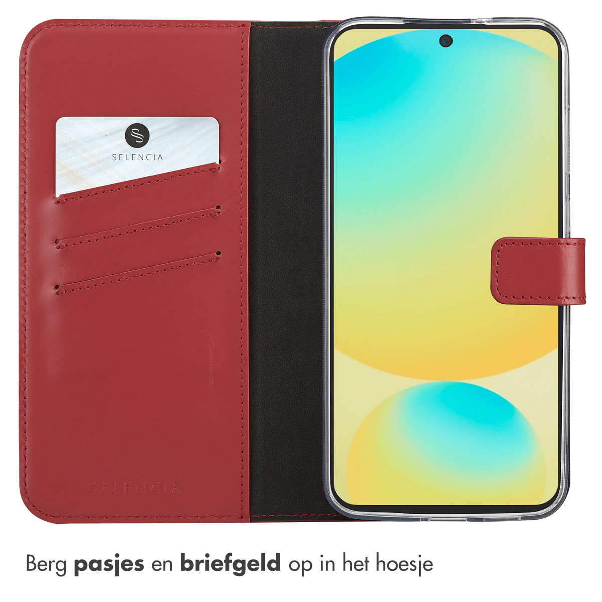 Een rode leren telefoonhoes met een telefoon erin. Er is een kaartsleuf en het scherm toont een kleurrijke gradiënt.