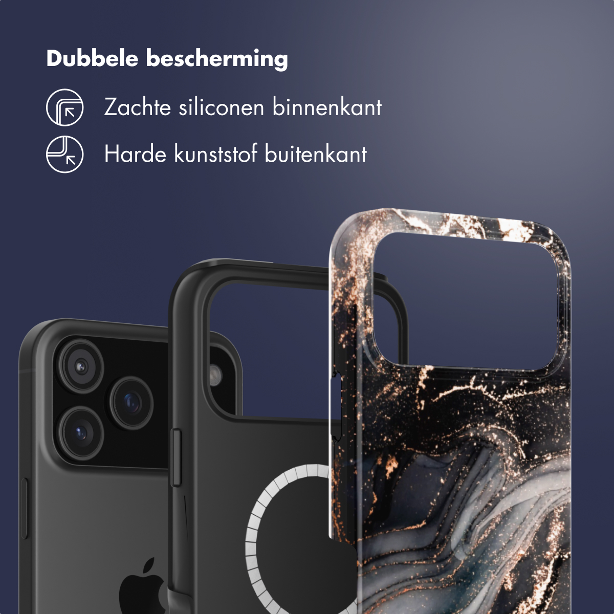 Telefoonhoesje met drie lagen. Zwarte telefoon, zwart-witte ring en marmerpatroon. Tekst in het Nederlands: Dubbele bescherming, zachte siliconen binnenkant.