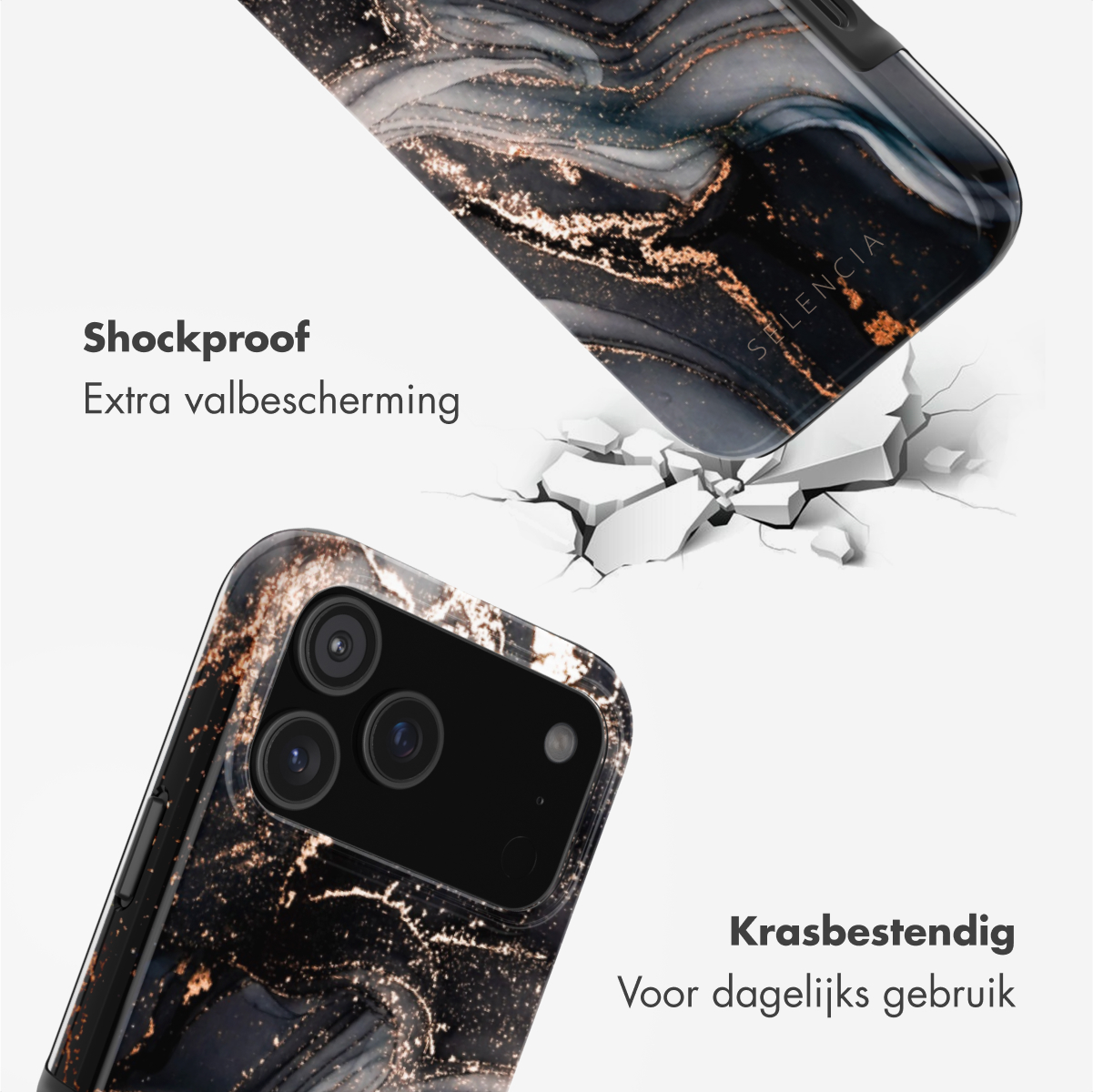 Afbeelding toont twee telefoons met beschermhoezen. De hoezen hebben een zwart-gouden marmerpatroon. De tekst benadrukt schokbestendige en krasbestendige eigenschappen.