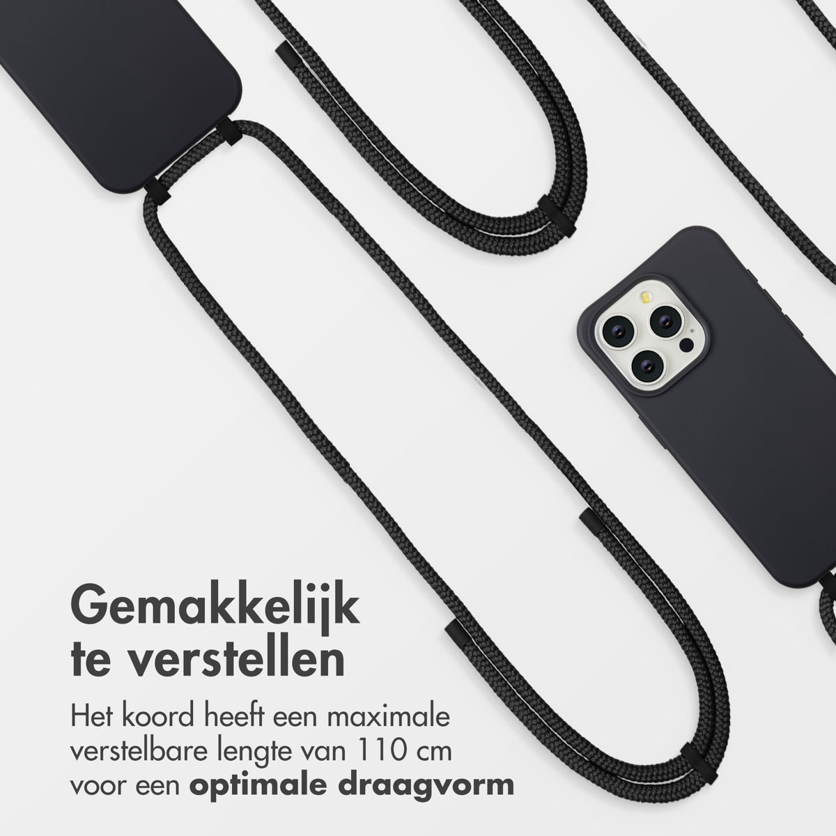 Coque de téléphone noire avec lanière. La lanière est fixée à la coque et a un design tressé. Texte à gauche : 'Facile à régler'.