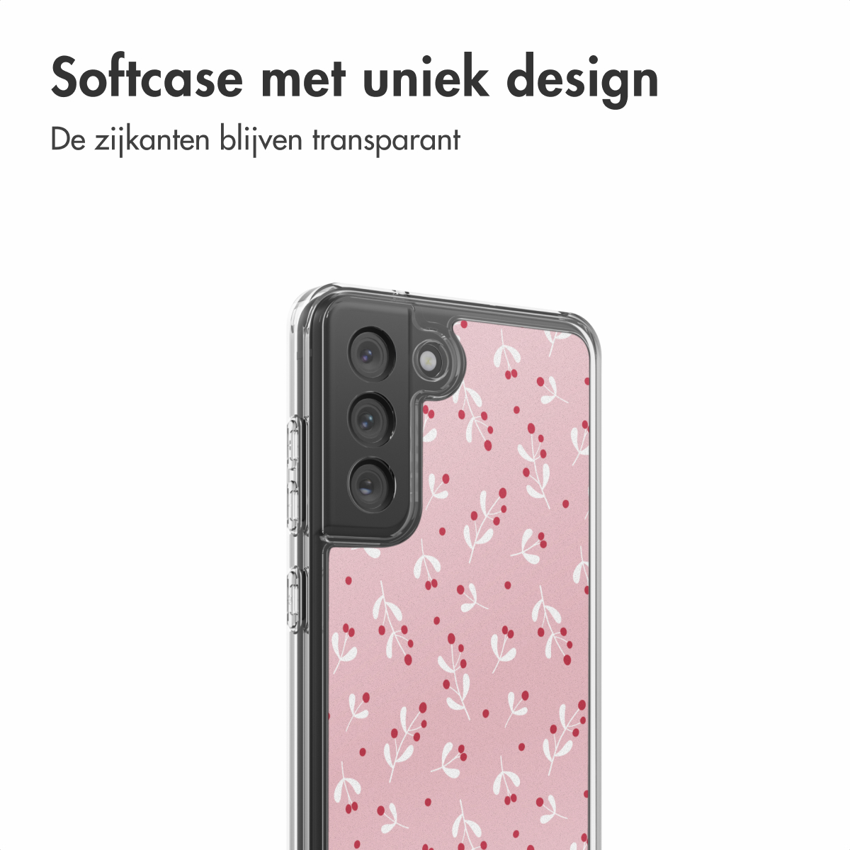 Een telefoonhoesje met een roze bloemenpatroon. De hoes is transparant en toont de camera van de telefoon. Tekst: 'Softcase met uniek design'.