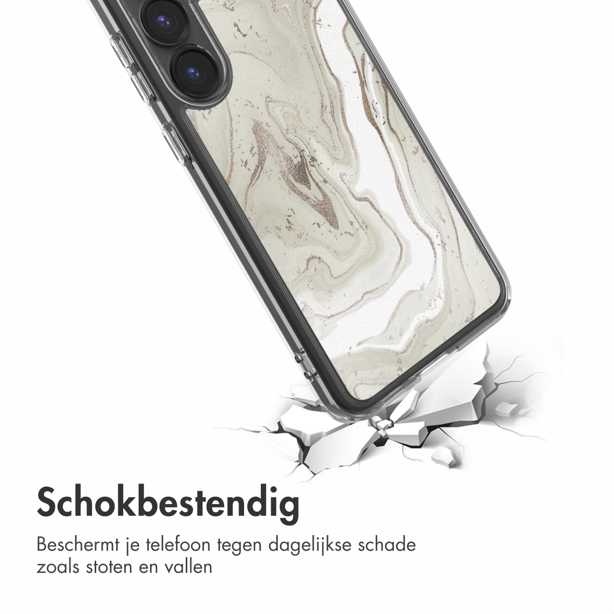 Een telefoonhoesje met marmerdesign op een gebarsten oppervlak. De tekst 'Schokbestendig' is zichtbaar, wat schokbestendigheid aangeeft.