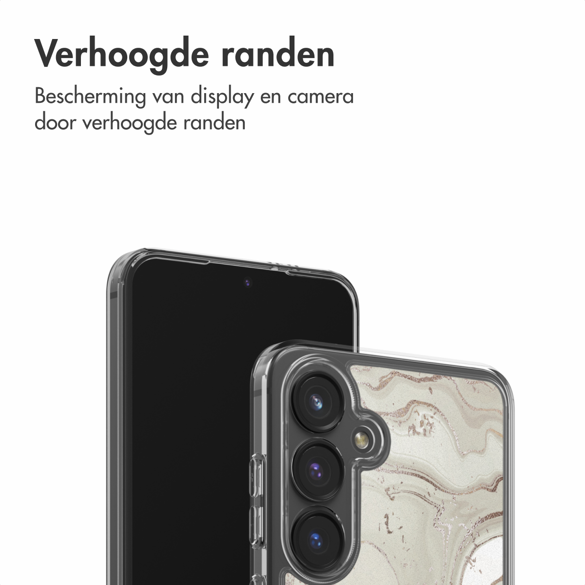 Twee smartphones in beschermhoesjes. De ene telefoon is zwart, de andere heeft een marmerachtig design op de achterkant.