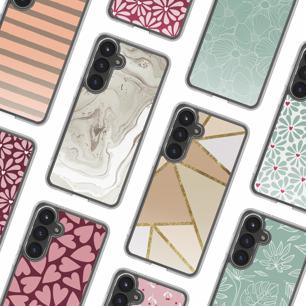 Verschillende smartphonehoesjes met verschillende patronen, waaronder strepen, marmer, geometrische vormen, bloemen en harten, worden getoond.