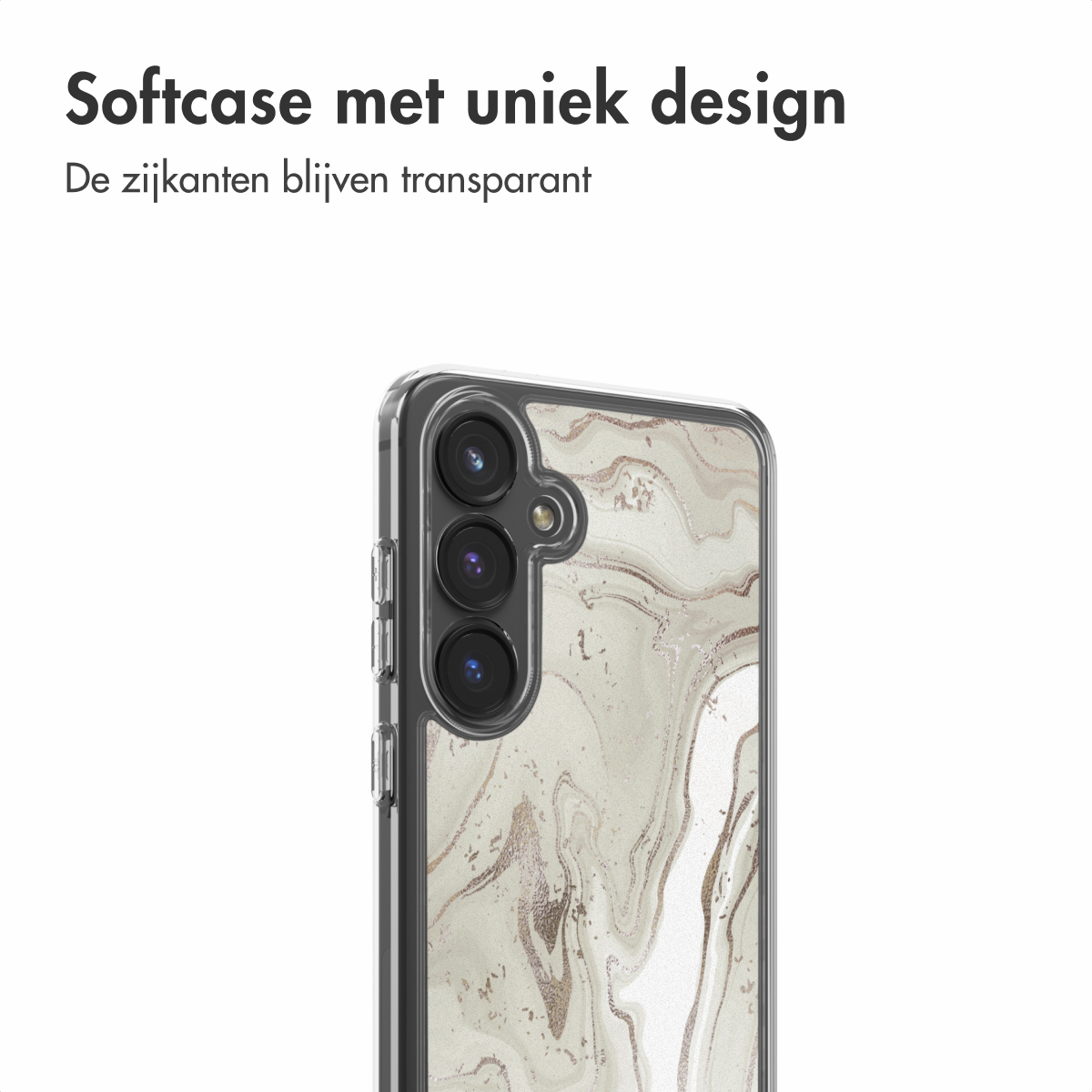 Een telefoonhoesje met marmer design. De zijkanten zijn transparant en heeft drie cameralenzen.