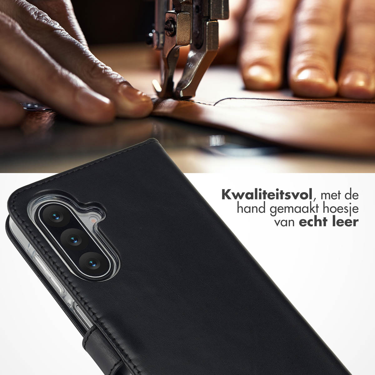 Een persoon naait leer met een machine. Een zwarte leren telefoonhoes zit op de voorgrond. Tekst: hoge kwaliteit, handgemaakte hoes van echt leer.