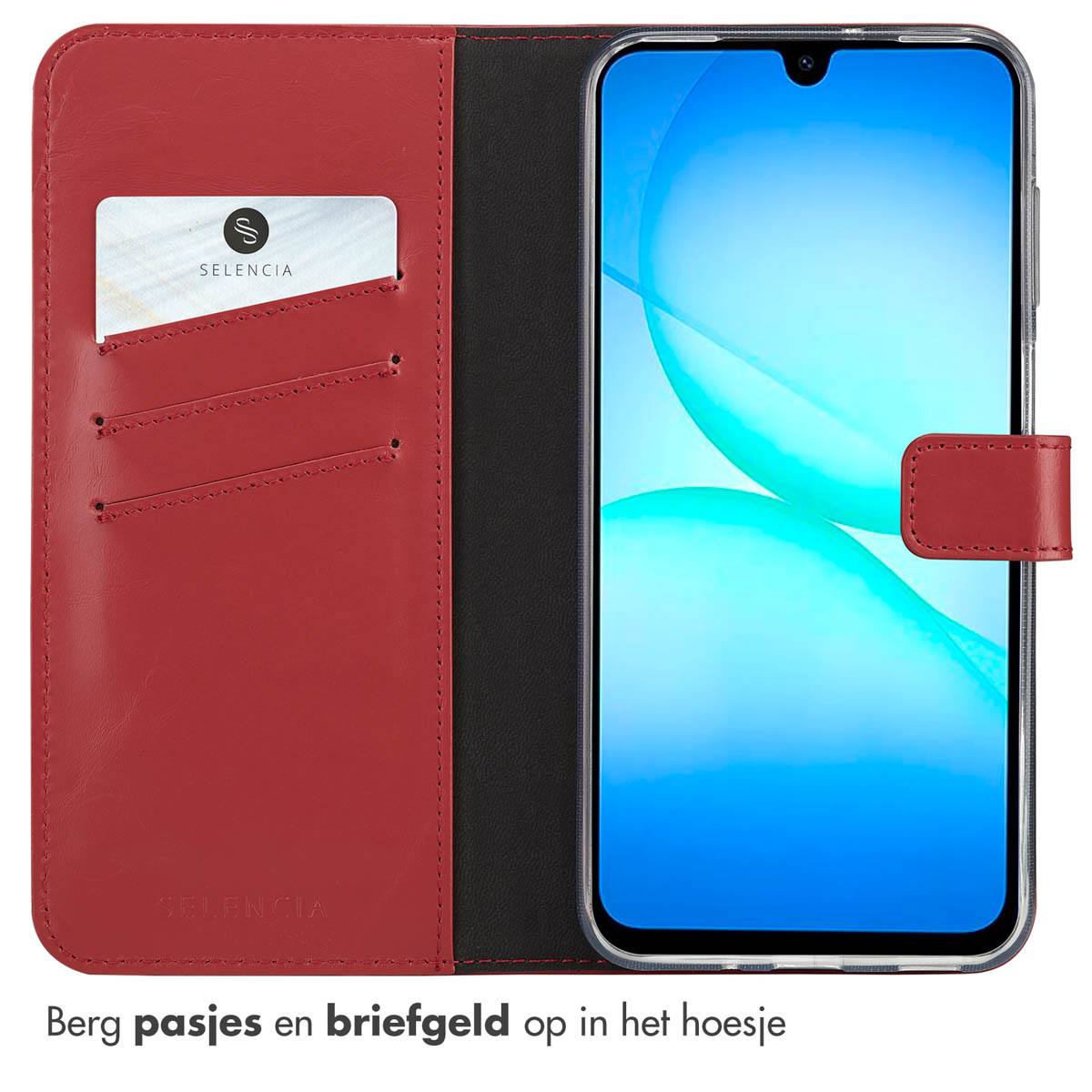 Rode telefoonhoes met kaartsleuven en een telefoon erin. Een kaart met het woord Selencia is zichtbaar.