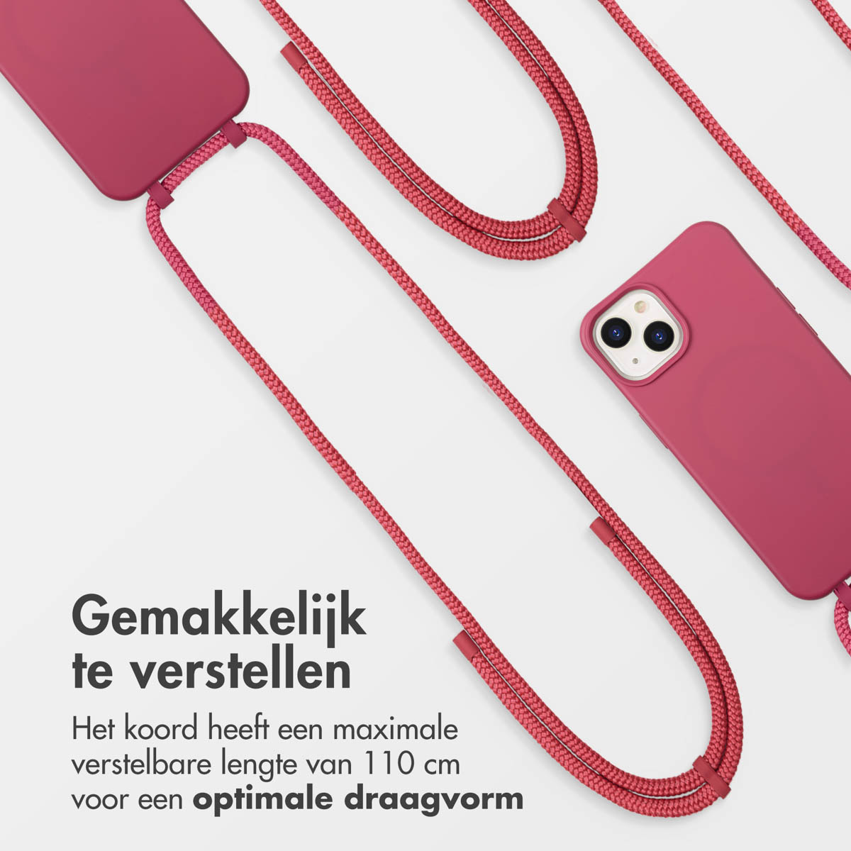Een roze telefoonhoesje met een roze koord wordt getoond, samen met de tekst: "Gemakkelijk aan te passen. Het koord heeft een maximale verstelbare lengte van 110 cm."