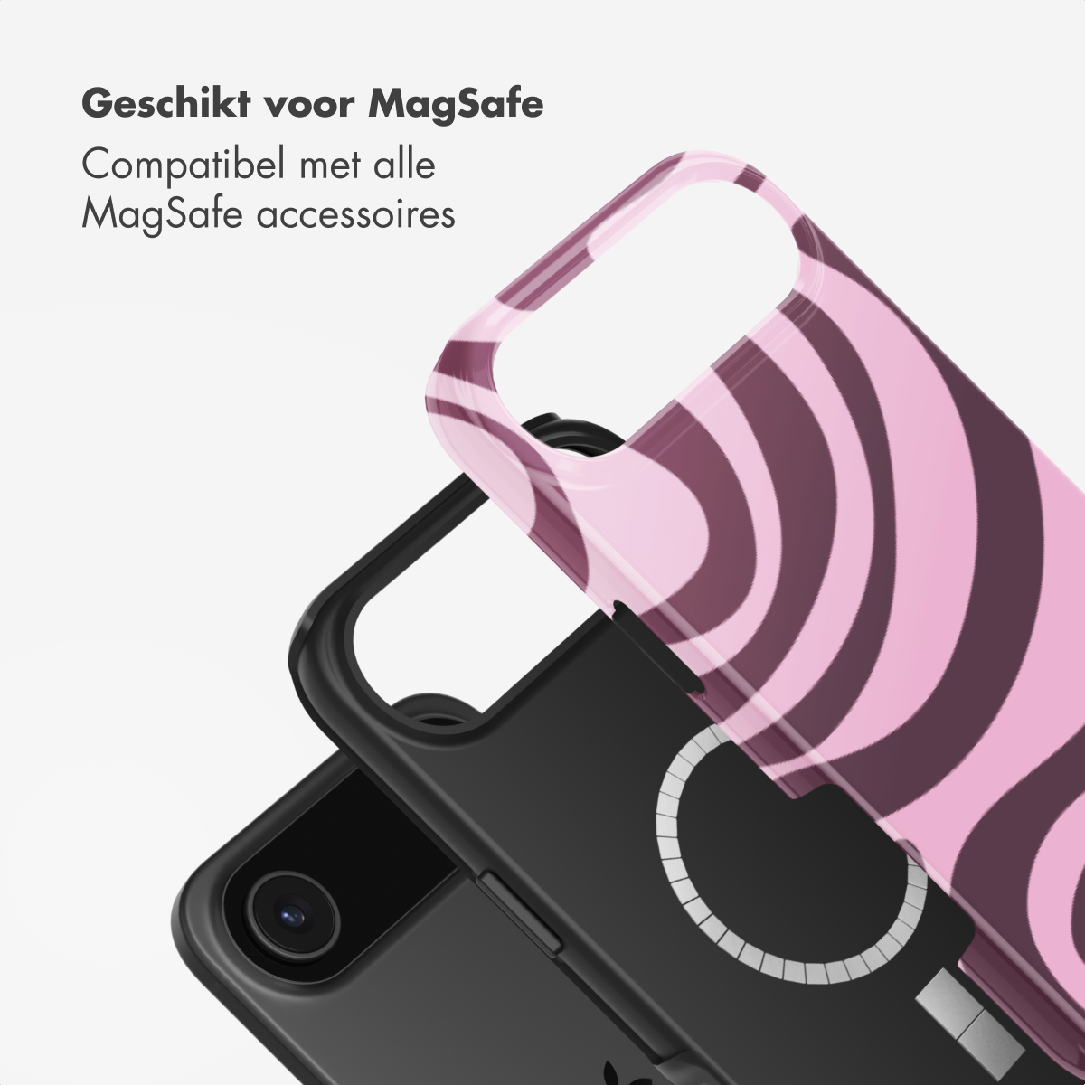 Een roze en paars gestreepte telefoonhoes wordt weergegeven over een zwarte telefoonhoes, met tekst in het Nederlands.