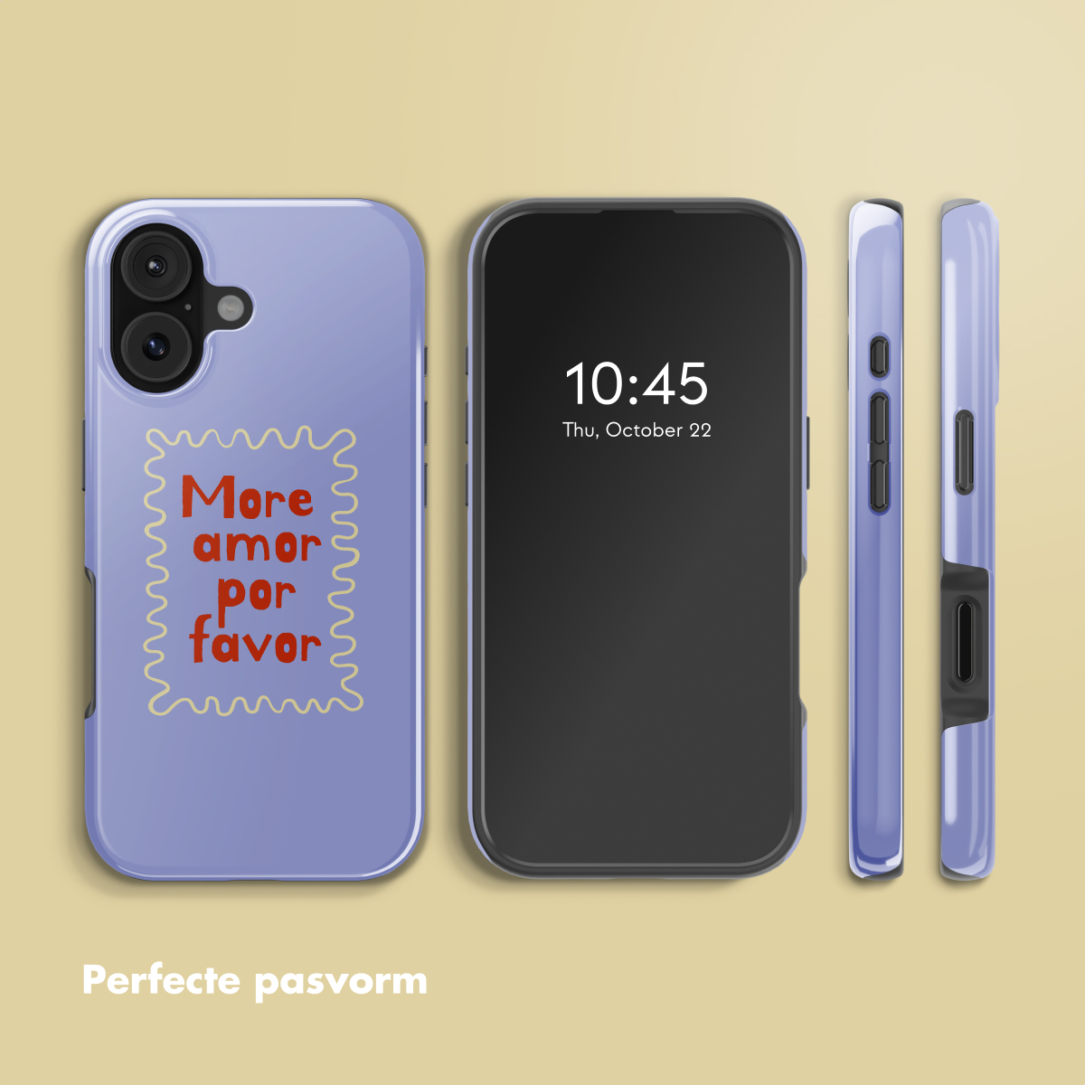Drie telefoons, één met tijd en datum, andere in hoesjes. Telefoonhoesjes zijn paars, één heeft tekst: 'More amor por favor'.