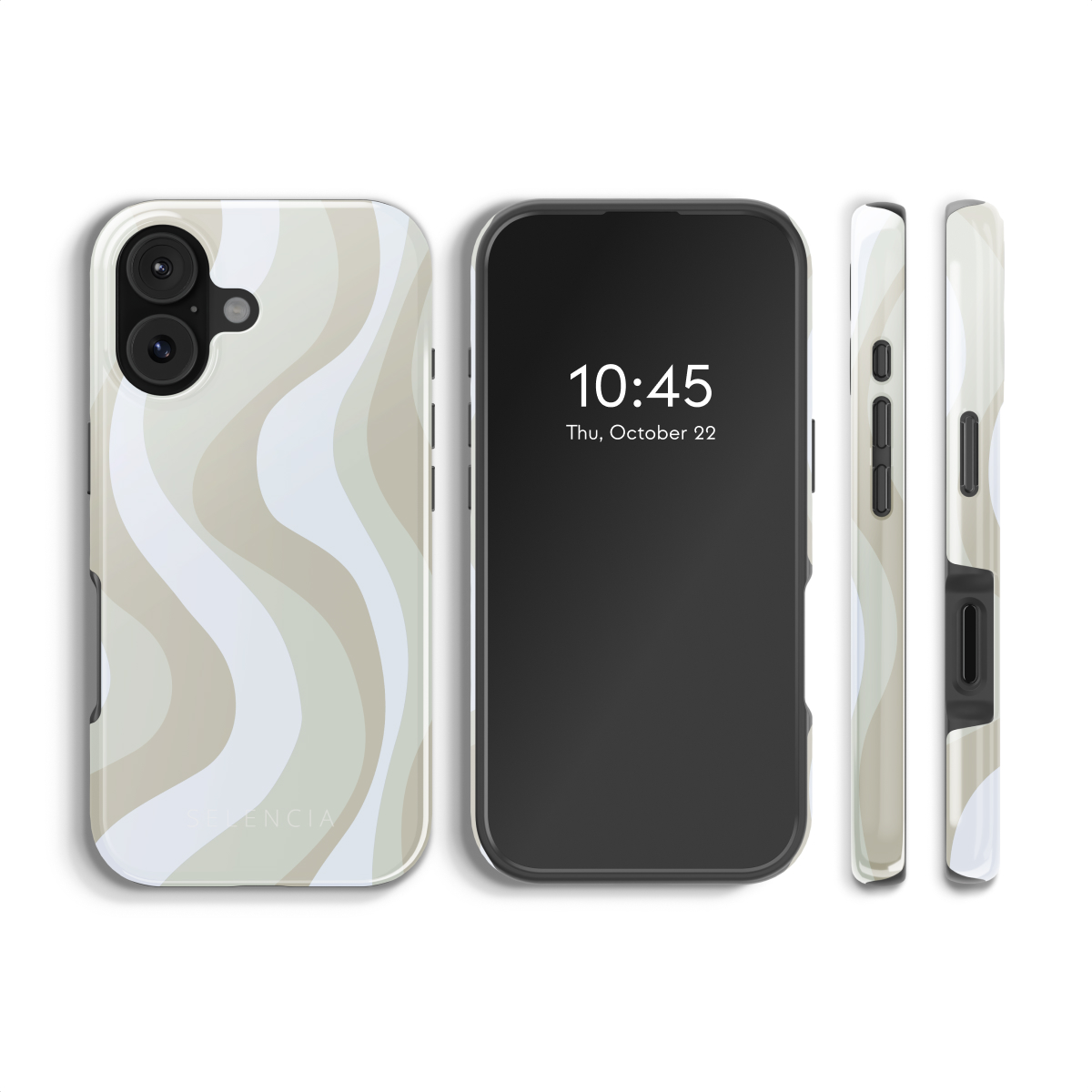 Drie weergaven van een telefoon. De hoes heeft golvende beige en witte strepen. De telefoon toont de tijd, 10:45 uur, op donderdag 22 oktober.