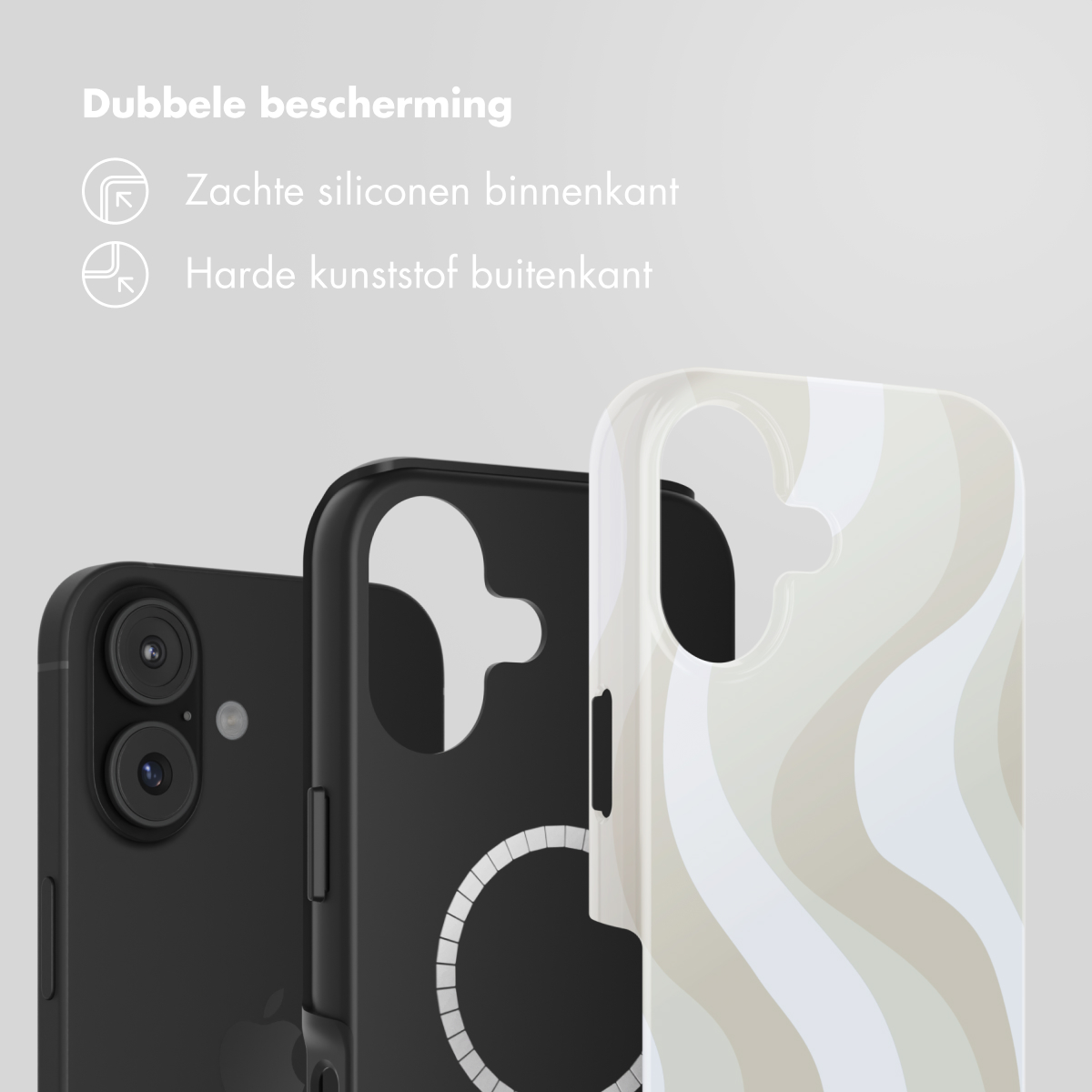 Drie telefoonhoesjes: zwart, zwart met een witte cirkel en een wit hoesje met golvende beige strepen. Boven staat de tekst: 'Dubbele bescherming'.