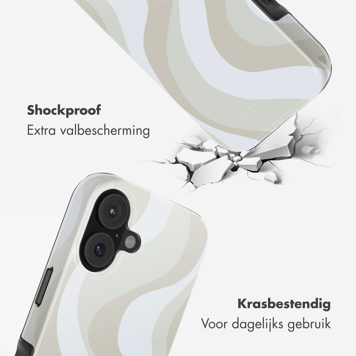 Twee telefoonhoesjes met golvende patronen. Eén breekt een oppervlak, wat de schokbestendige functie benadrukt. Tekst: Krasbestendig.