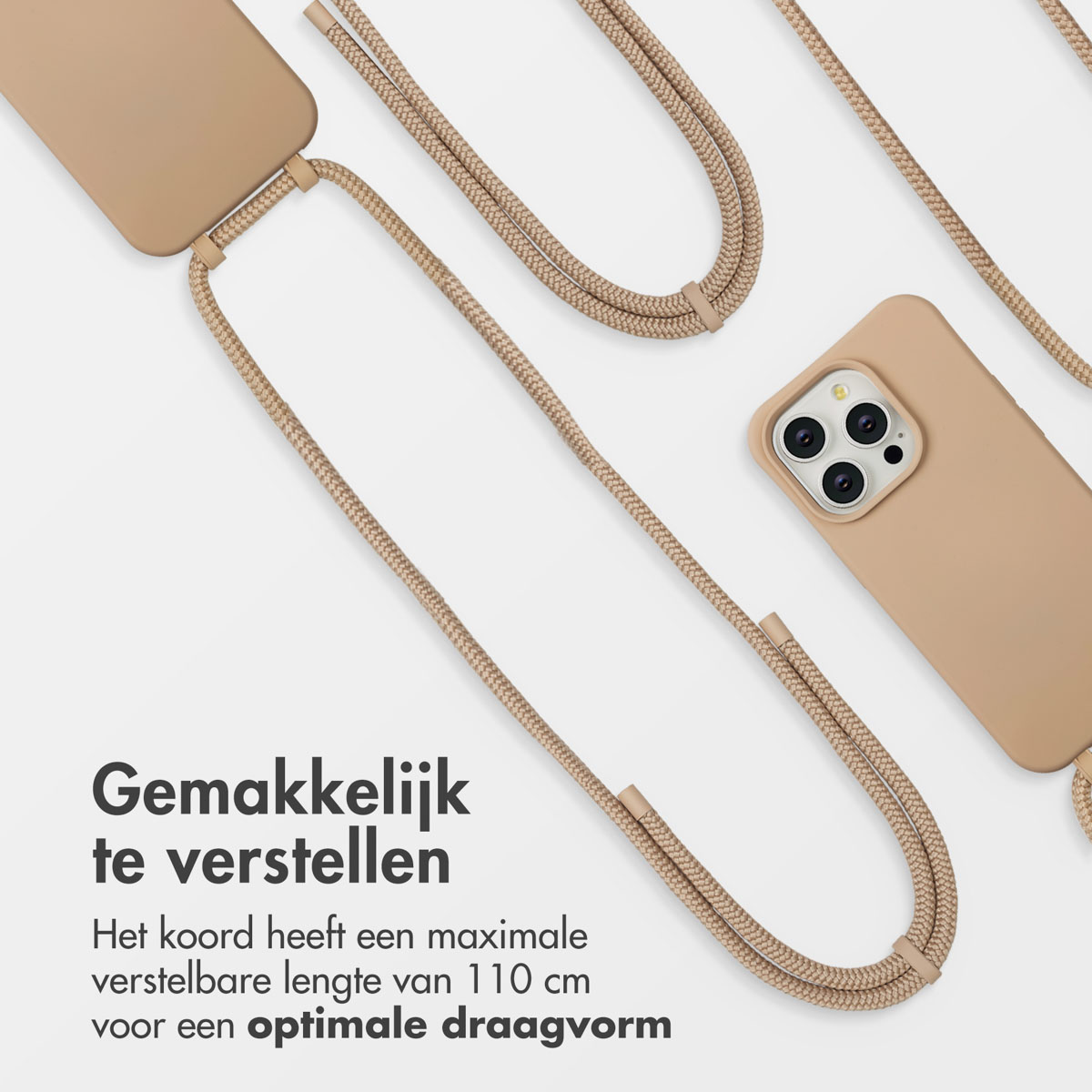 Beige telefoonhoesje met bijpassend koord. Het koord is verstelbaar. Nederlandse tekst vermeldt de lengte.
