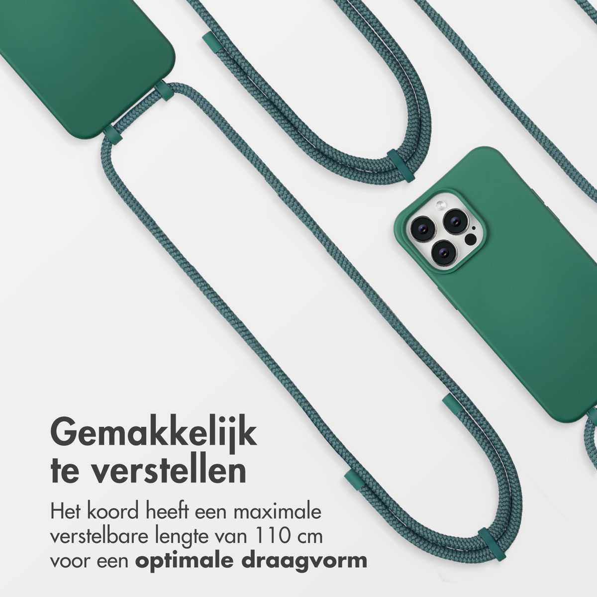 Groene telefoonhoesjes met koorden. De tekst luidt: Gemakkelijk aan te passen. Het koord heeft een maximale verstelbare lengte van 110 cm.