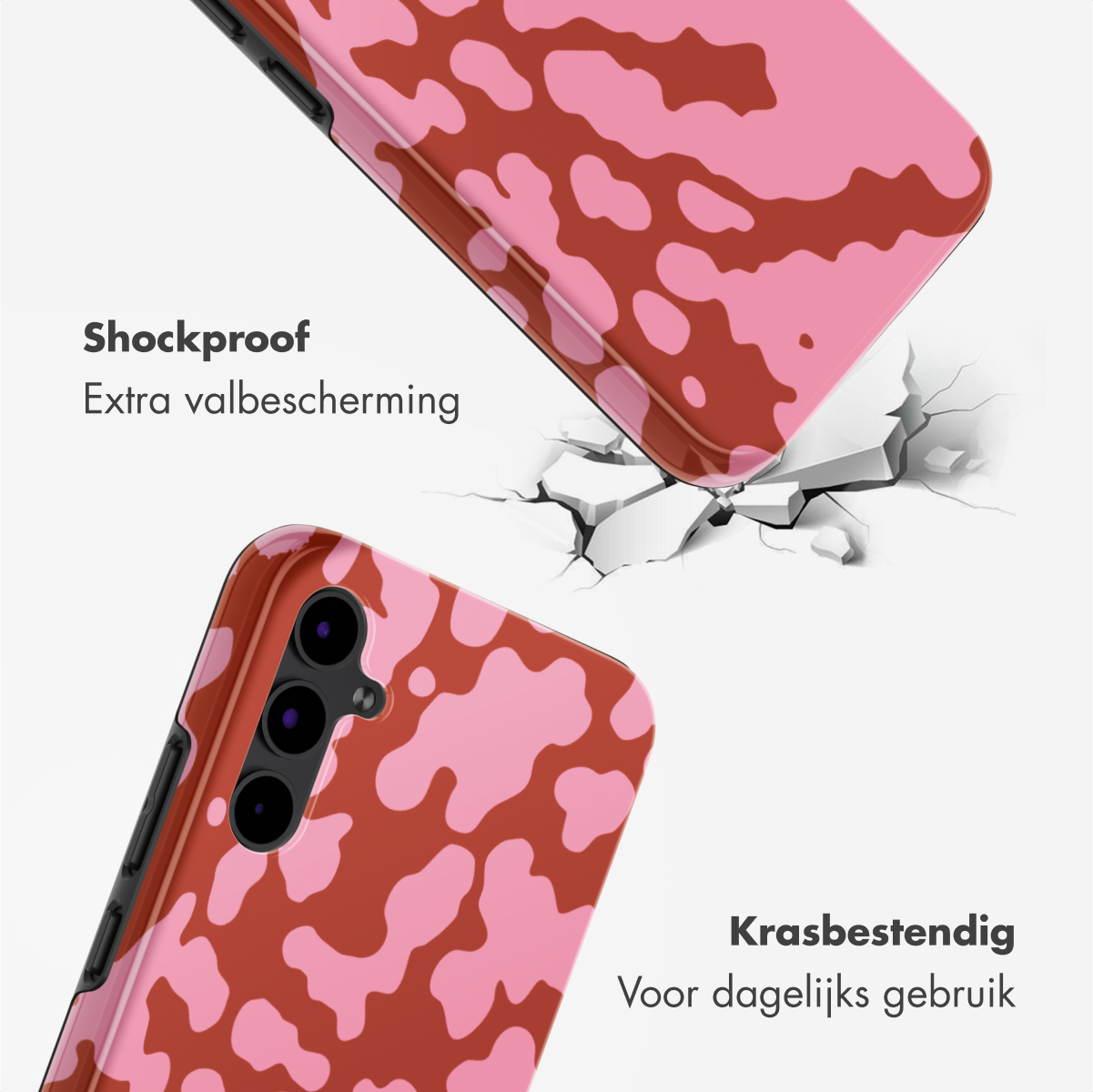 Zwei Handyhüllen mit rosa und braunem Kuhmuster. Eine Hülle zerbricht eine Oberfläche, die andere zeigt die Kamera.