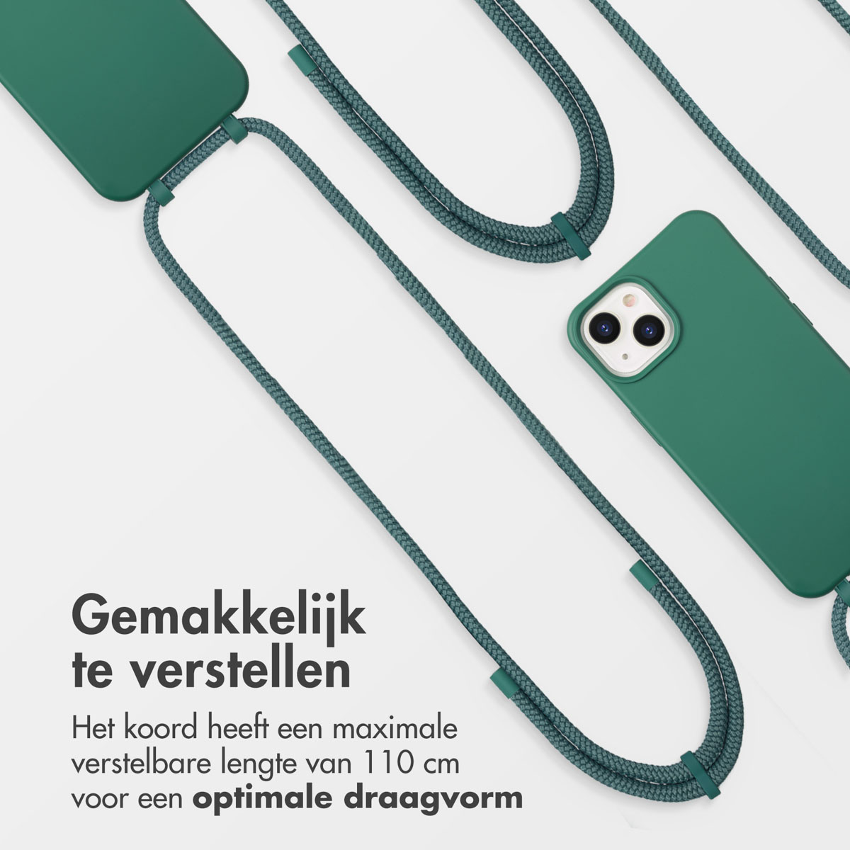 Groene telefoonhoesjes met verstelbare koorden. Tekst: Gemakkelijk verstelbaar. Het koord heeft een max. lengte van 110 cm voor optimale pasvorm.
