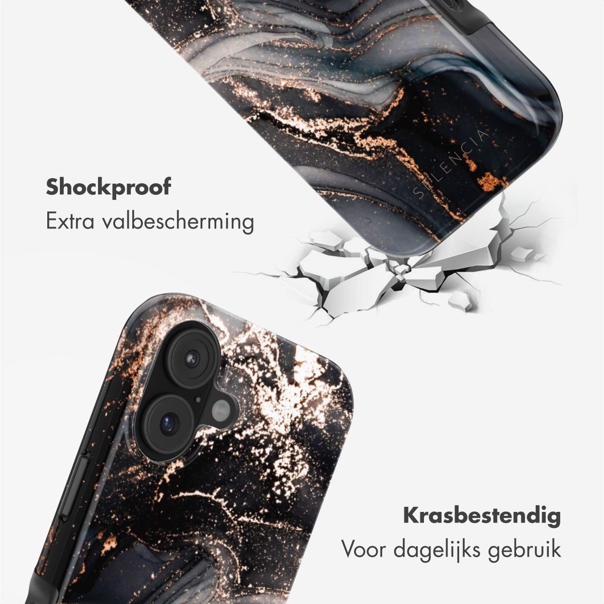 Twee telefoonhoesjes met marmerontwerp. Eén is gebarsten, de andere intact. Tekst: Schokbestendig, Extra valbescherming en Krasbestendig.