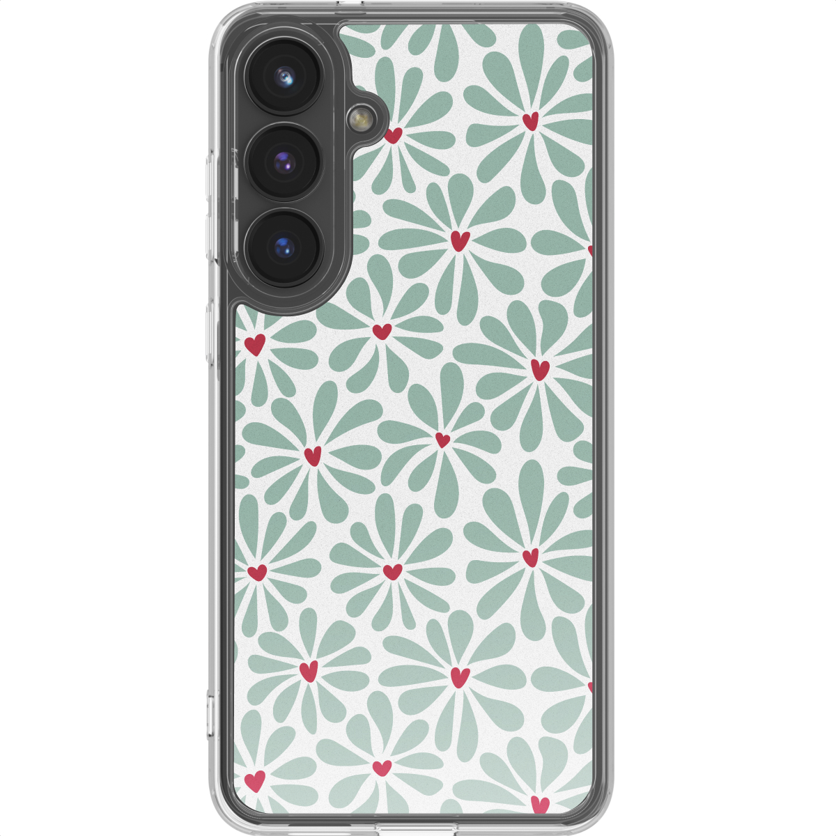 Telefoonhoesje met bloemenpatroon. Lichtgroene bloemvormen met rode harten in het midden op een witte achtergrond.